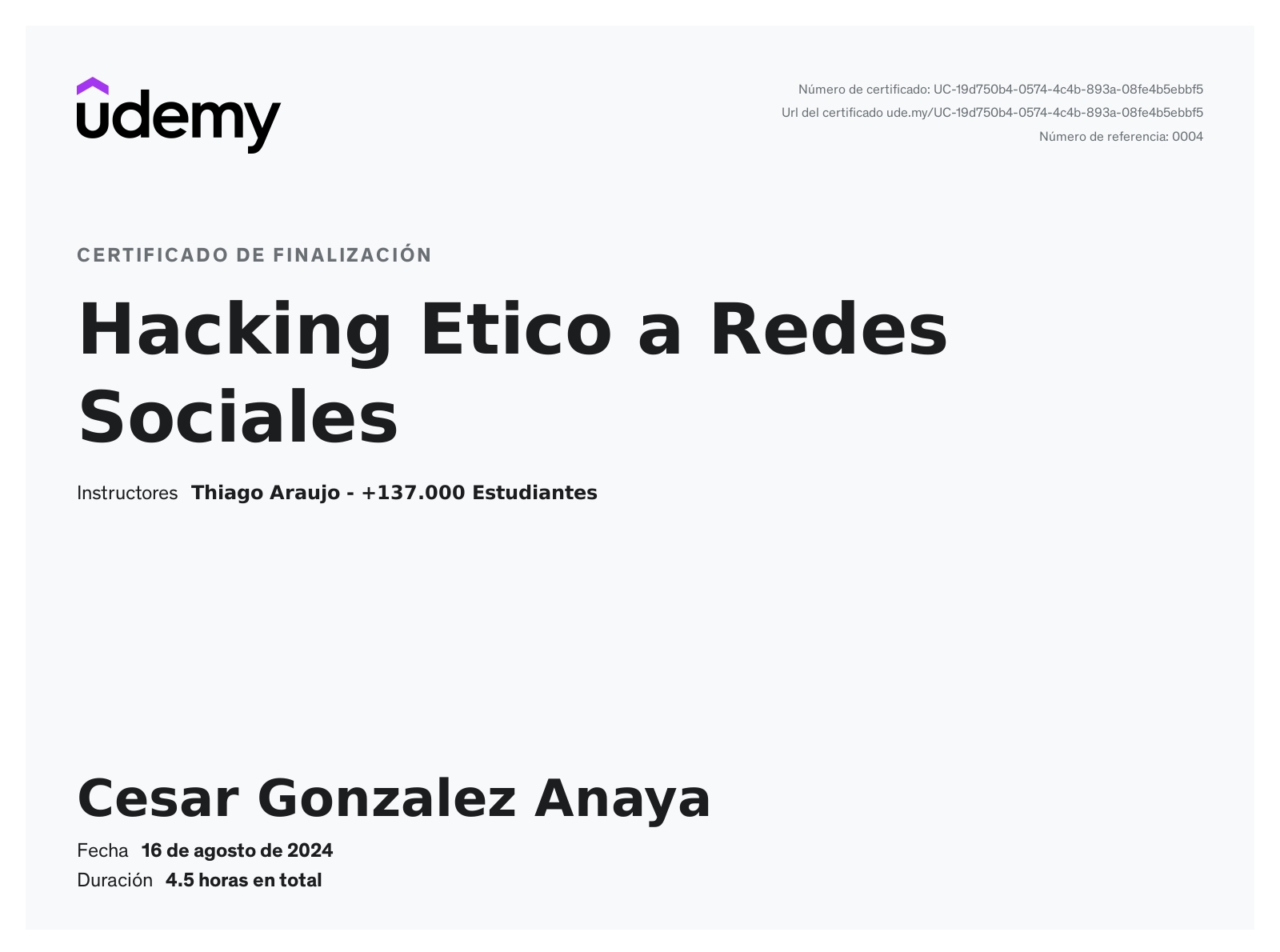 Certificado de Hacking Ético a Redes Sociales
